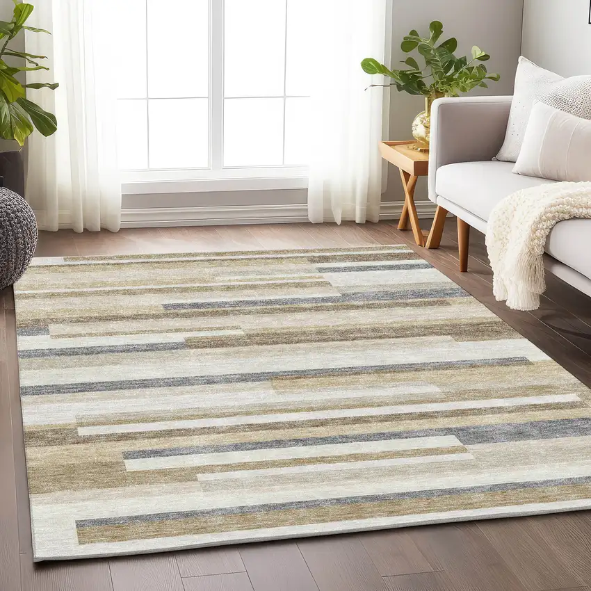 Ivory Gray And Beige Striped Washable Area Rug With UV Protection Photo 4