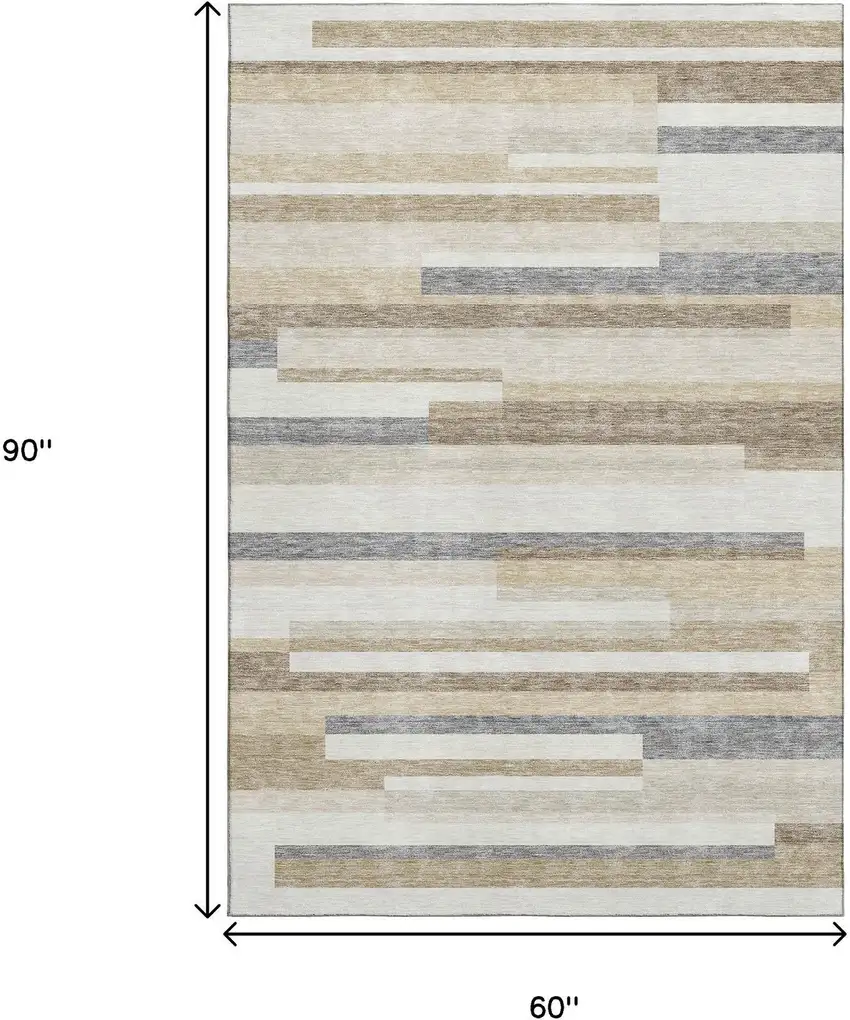 Ivory Gray And Beige Striped Washable Area Rug With UV Protection Photo 8