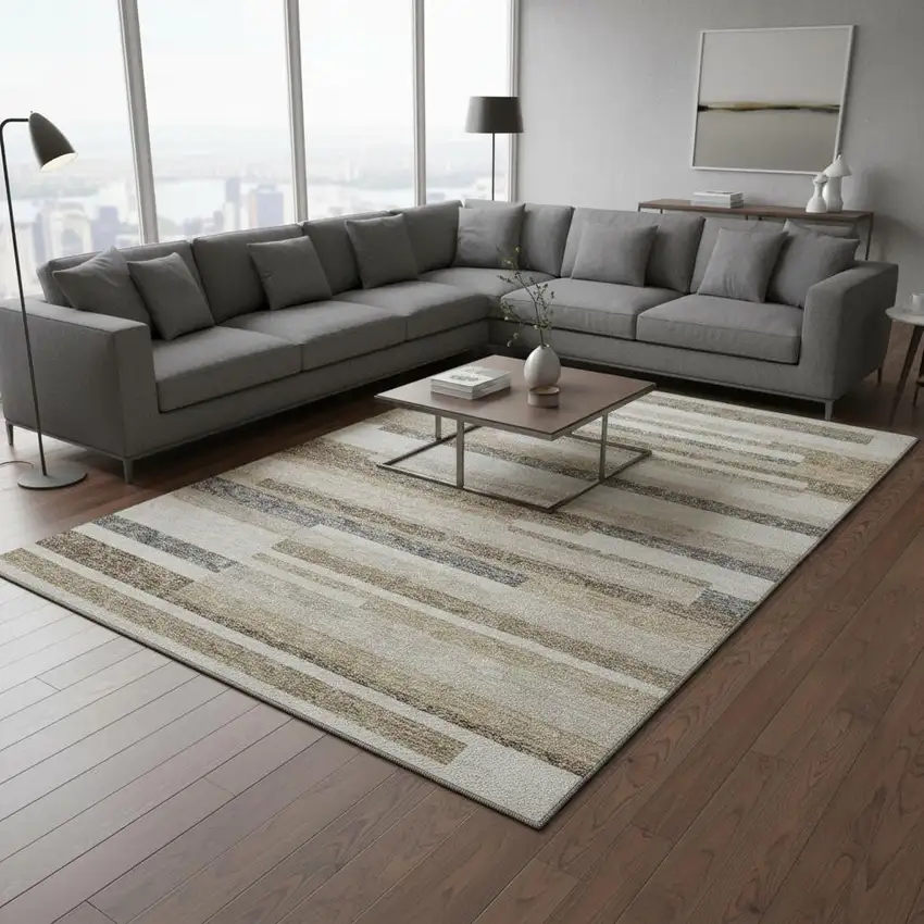 Ivory Gray And Beige Striped Washable Area Rug With UV Protection Photo 1