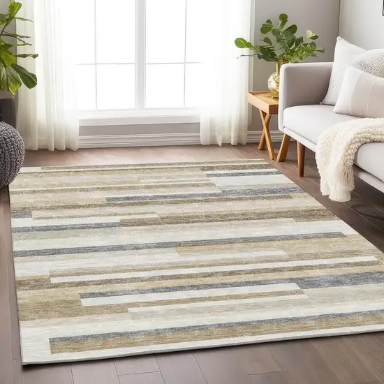 Ivory Gray And Beige Striped Washable Area Rug With UV Protection Photo 4