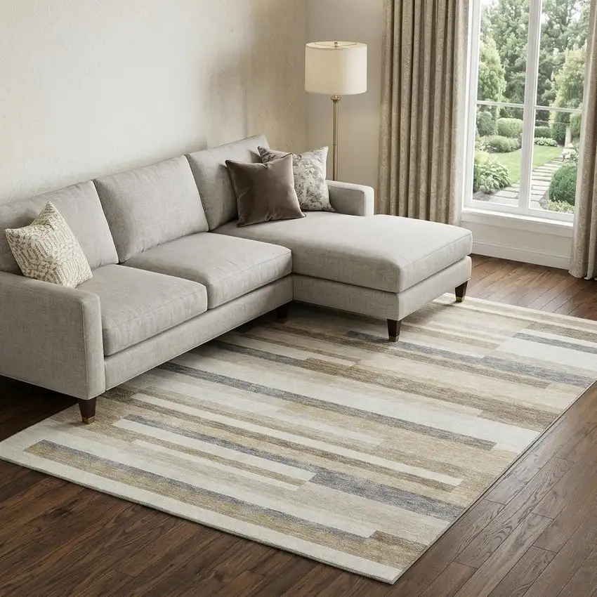 Ivory Gray And Beige Striped Washable Area Rug With UV Protection Photo 1
