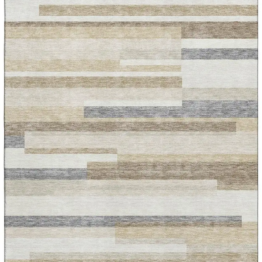 Ivory Gray And Beige Striped Washable Area Rug With UV Protection Photo 3