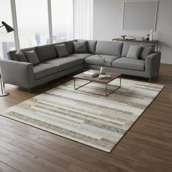 Ivory Gray And Beige Striped Washable Area Rug With UV Protection Photo 2