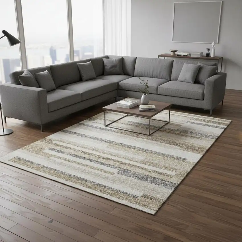 Ivory Gray And Beige Striped Washable Area Rug With UV Protection Photo 2