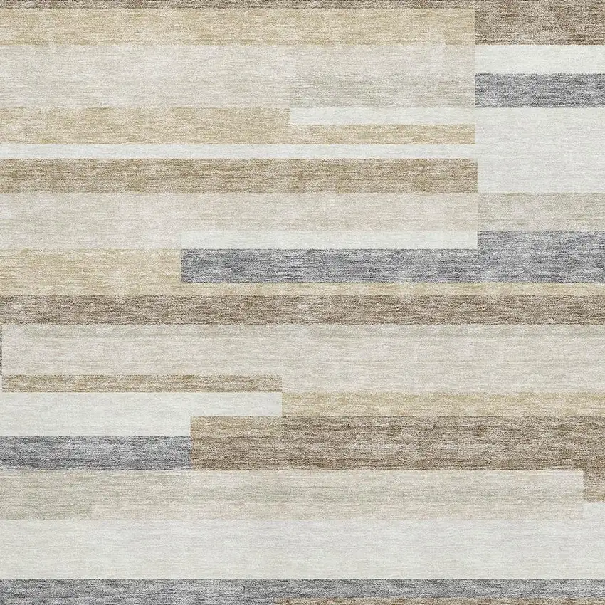Ivory Gray And Beige Striped Washable Area Rug With UV Protection Photo 2
