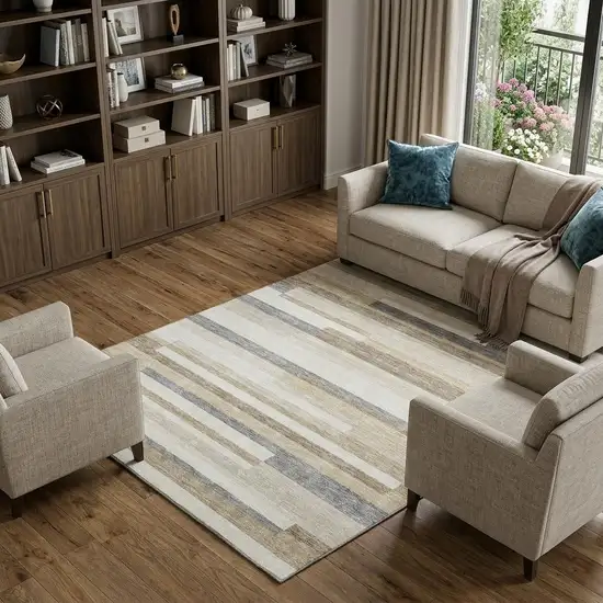 Ivory Gray And Beige Striped Washable Area Rug With UV Protection Photo 1