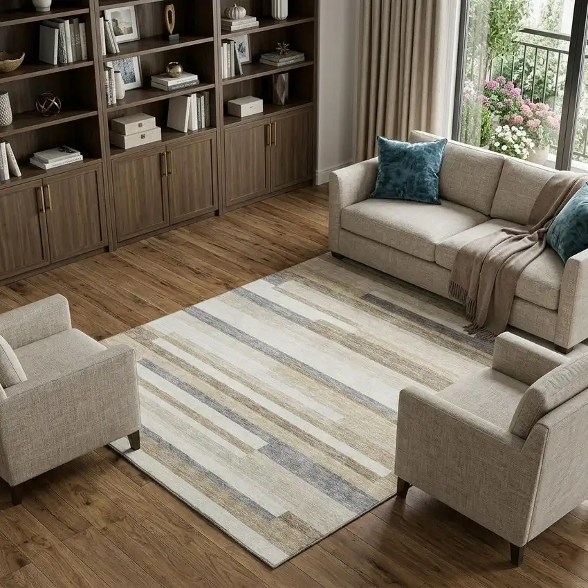 Ivory Gray And Beige Striped Washable Area Rug With UV Protection Photo 1