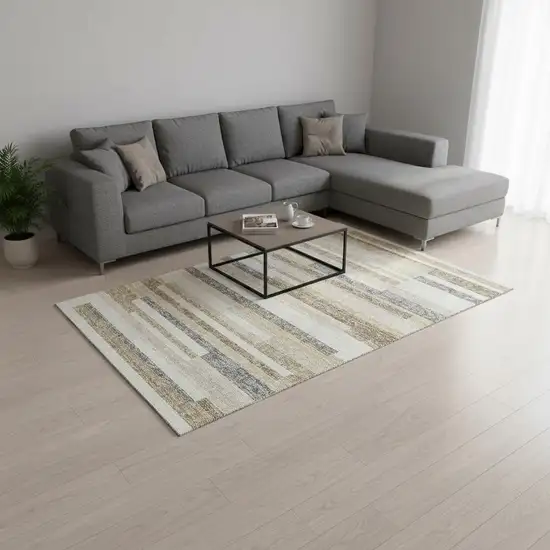 Ivory Gray And Beige Striped Washable Area Rug With UV Protection Photo 2