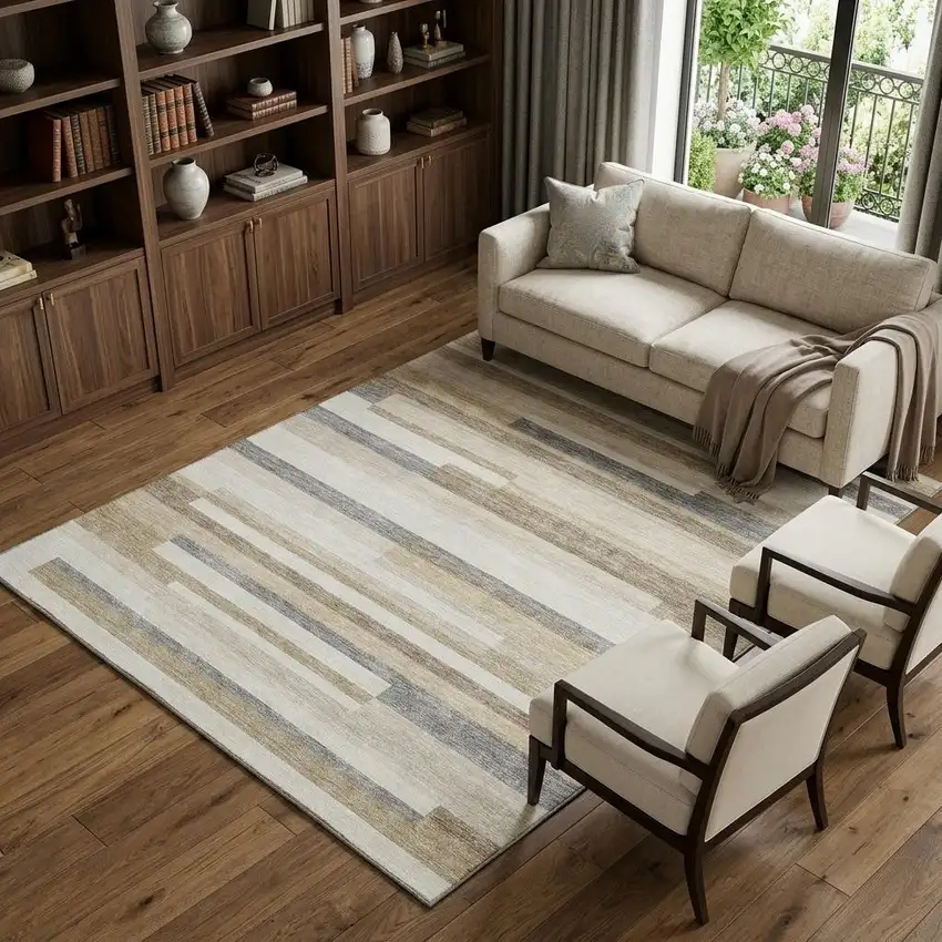 Ivory Gray And Beige Striped Washable Area Rug With UV Protection Photo 1