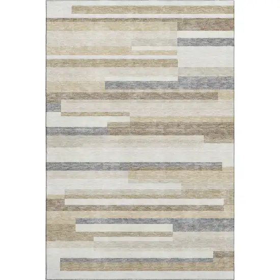 Ivory Gray And Beige Striped Washable Area Rug With UV Protection Photo 1