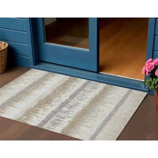 Ivory Gray And Beige Striped Washable Indoor Outdoor Area Rug Photo 1