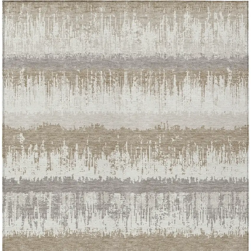 Ivory Gray And Beige Striped Washable Indoor Outdoor Area Rug Photo 6