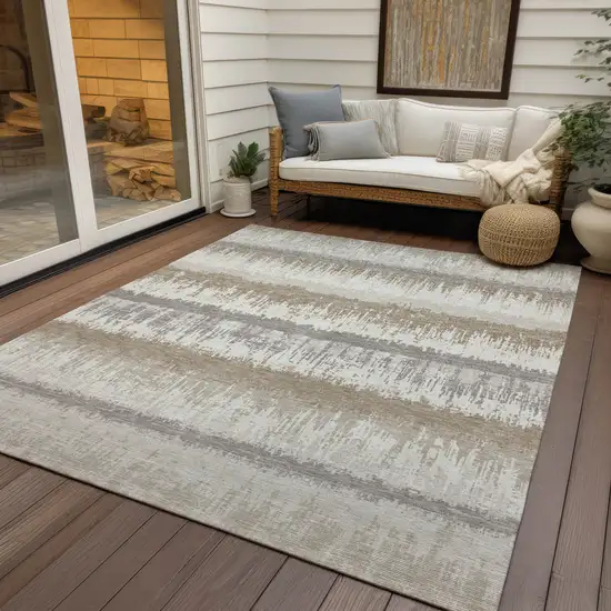Ivory Gray And Beige Striped Washable Indoor Outdoor Area Rug Photo 7