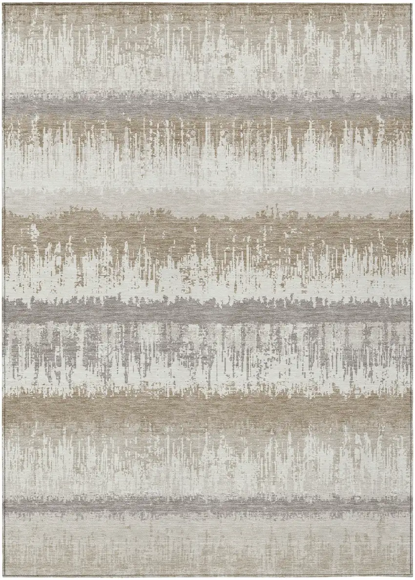 Ivory Gray And Beige Striped Washable Indoor Outdoor Area Rug Photo 2