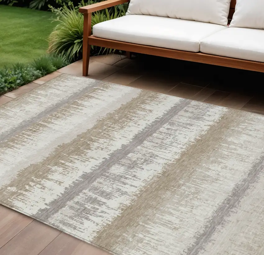 Ivory Gray And Beige Striped Washable Indoor Outdoor Area Rug Photo 1