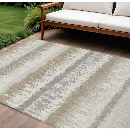 Ivory Gray And Beige Striped Washable Indoor Outdoor Area Rug Photo 1