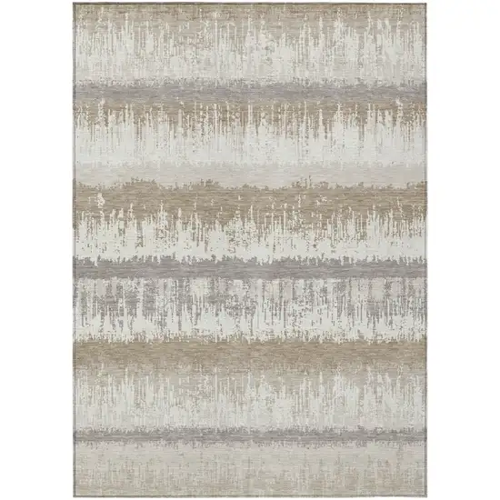Ivory Gray And Beige Striped Washable Indoor Outdoor Area Rug Photo 2