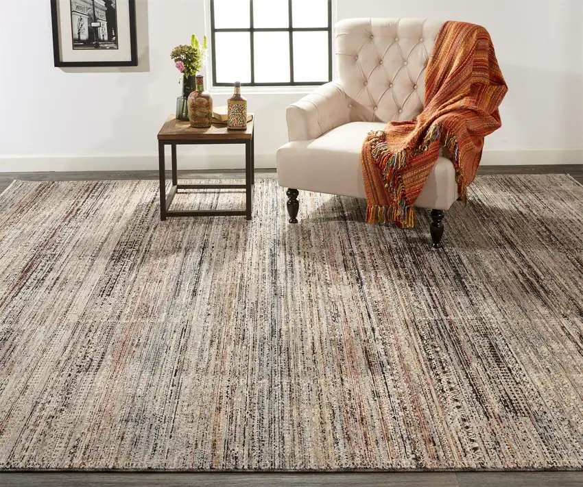 Ivory Gray And Black Abstract Distressed Area Rug With Fringe Photo 6