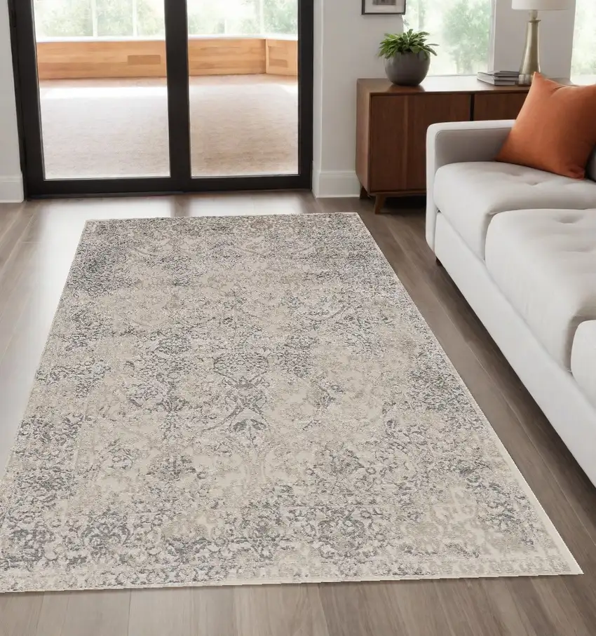 Ivory Gray And Black Abstract Stain Resistant Area Rug Photo 1