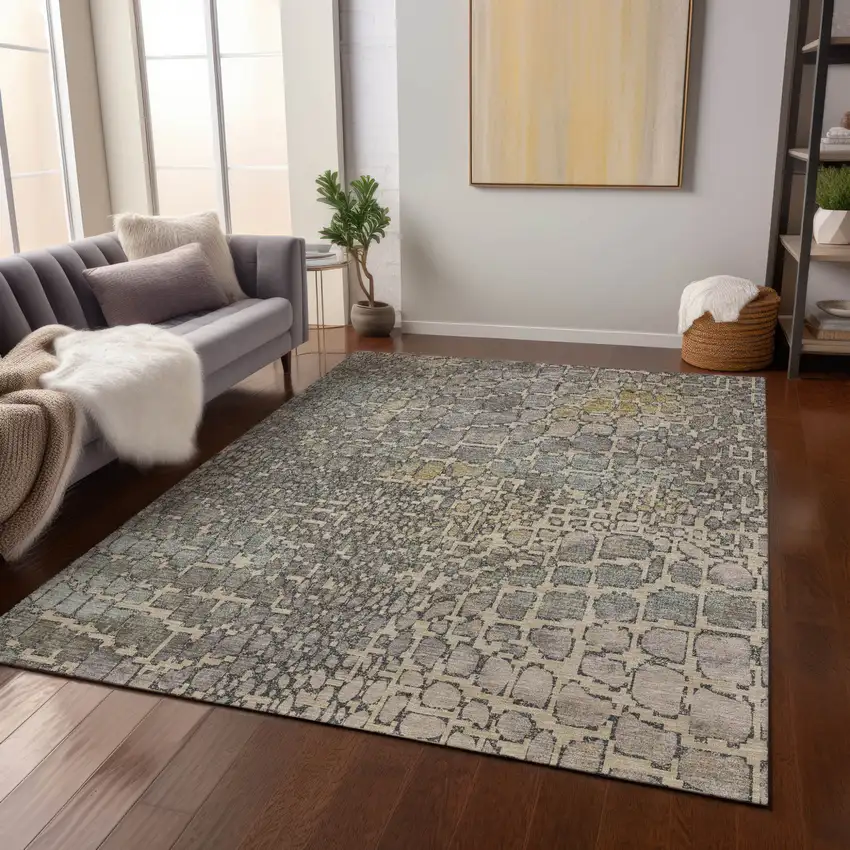 Ivory Gray And Black Abstract Washable Indoor Outdoor Area Rug Photo 9