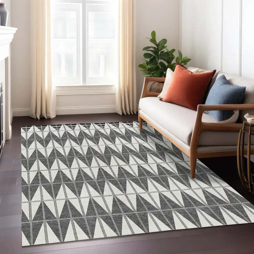 Ivory Gray And Black Geometric Washable Indoor Outdoor Area Rug Photo 6