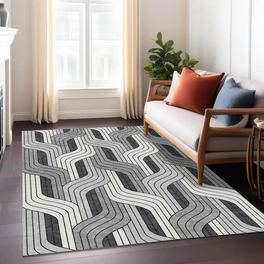 Ivory Gray And Black Striped Washable Indoor Outdoor Area Rug Photo 6