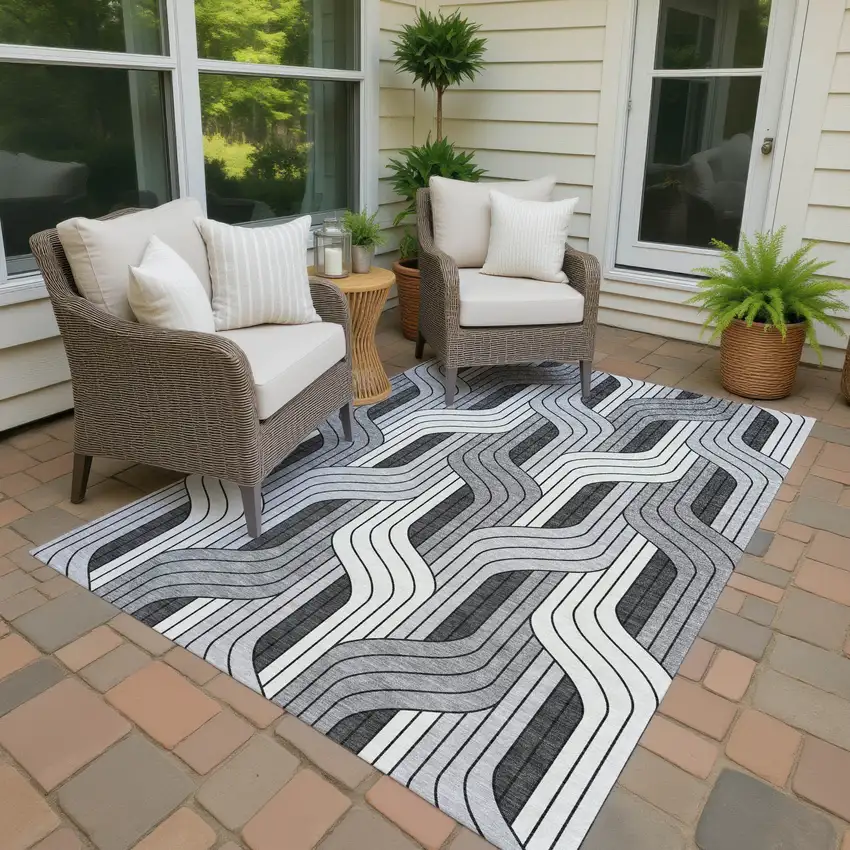 Ivory Gray And Black Striped Washable Indoor Outdoor Area Rug Photo 4