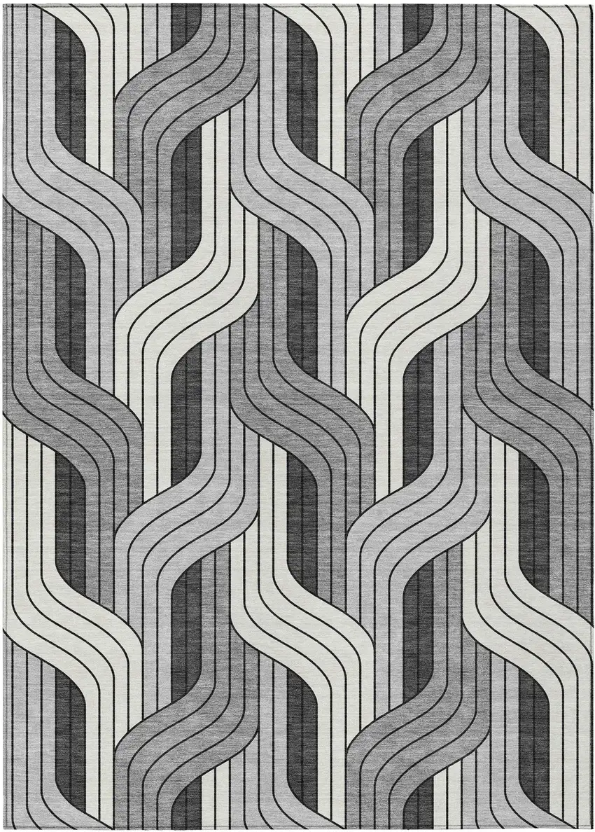 Ivory Gray And Black Striped Washable Indoor Outdoor Area Rug Photo 1