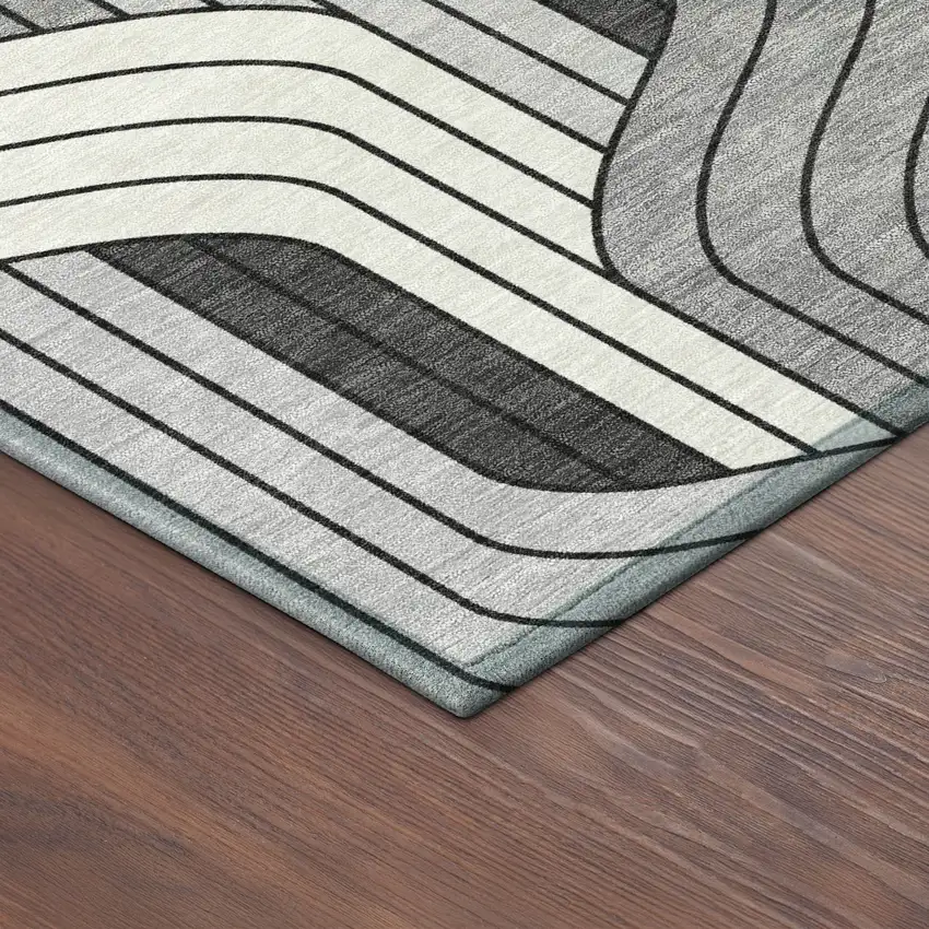 Ivory Gray And Black Striped Washable Indoor Outdoor Area Rug Photo 5