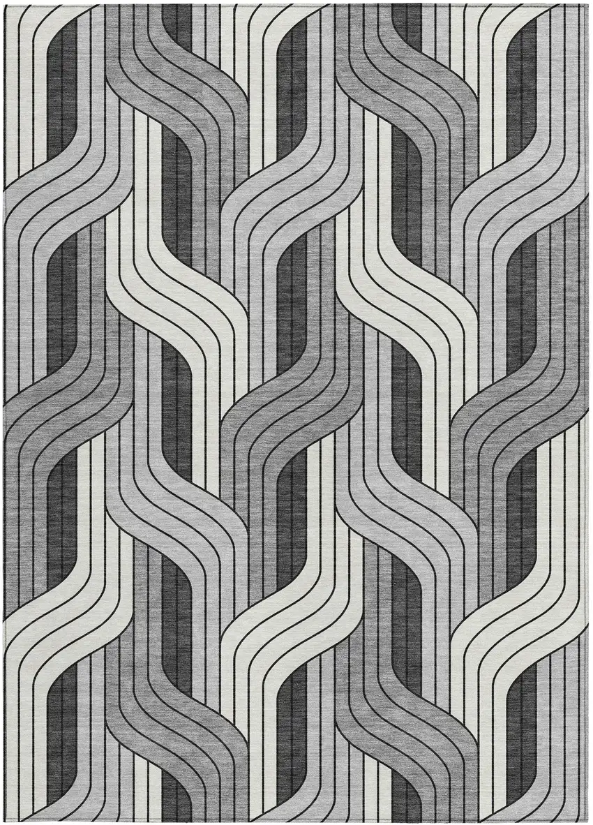Ivory Gray And Black Striped Washable Indoor Outdoor Area Rug Photo 3