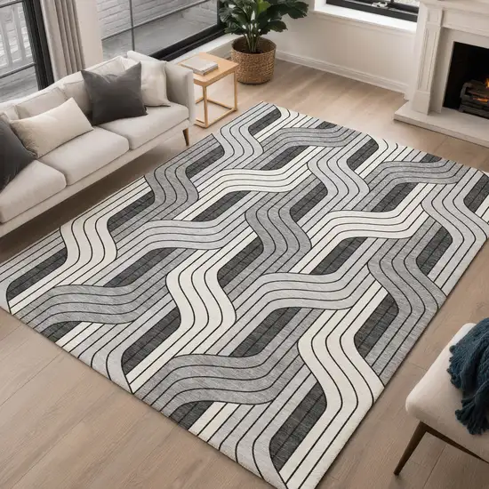 Ivory Gray And Black Striped Washable Indoor Outdoor Area Rug Photo 5