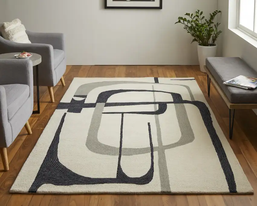 Ivory Gray And Black Wool Abstract Tufted Handmade Area Rug Photo 9