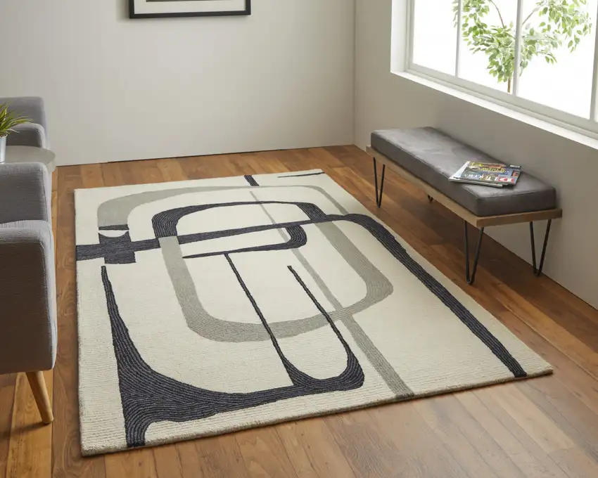 Ivory Gray And Black Wool Abstract Tufted Handmade Area Rug Photo 8