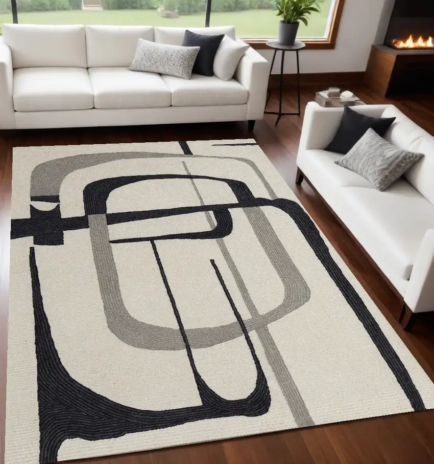 Gray and Ivory Wool Abstract Hand Tufted Area Rug Photo 1