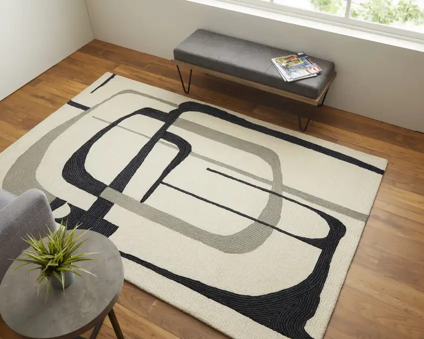 Ivory Gray And Black Wool Abstract Tufted Handmade Area Rug Photo 9