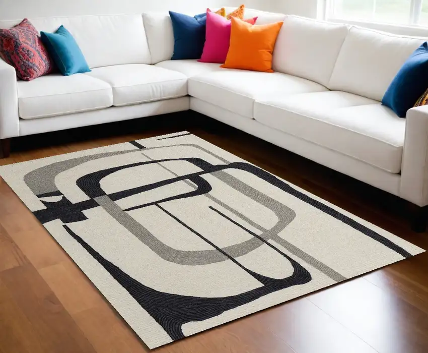 Gray and Ivory Wool Abstract Hand Tufted Area Rug Photo 2