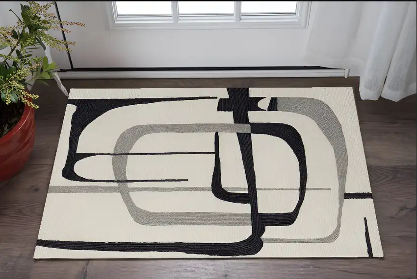 Gray and Ivory Wool Abstract Hand Tufted Area Rug Photo 2