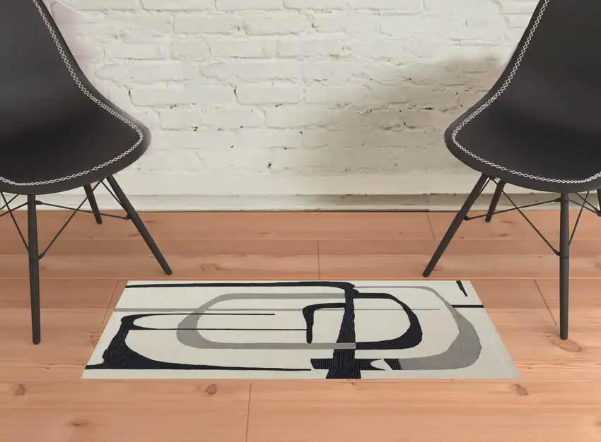 Ivory Gray And Black Wool Abstract Tufted Handmade Area Rug Photo 2