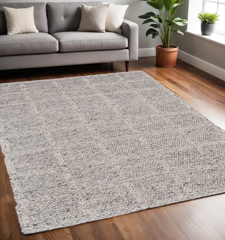 Gray and Ivory Wool Plaid Hand Woven Area Rug Photo 1