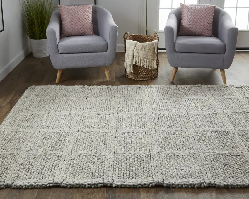 Ivory Gray And Black Wool Plaid Hand Woven Stain Resistant Area Rug Photo 7