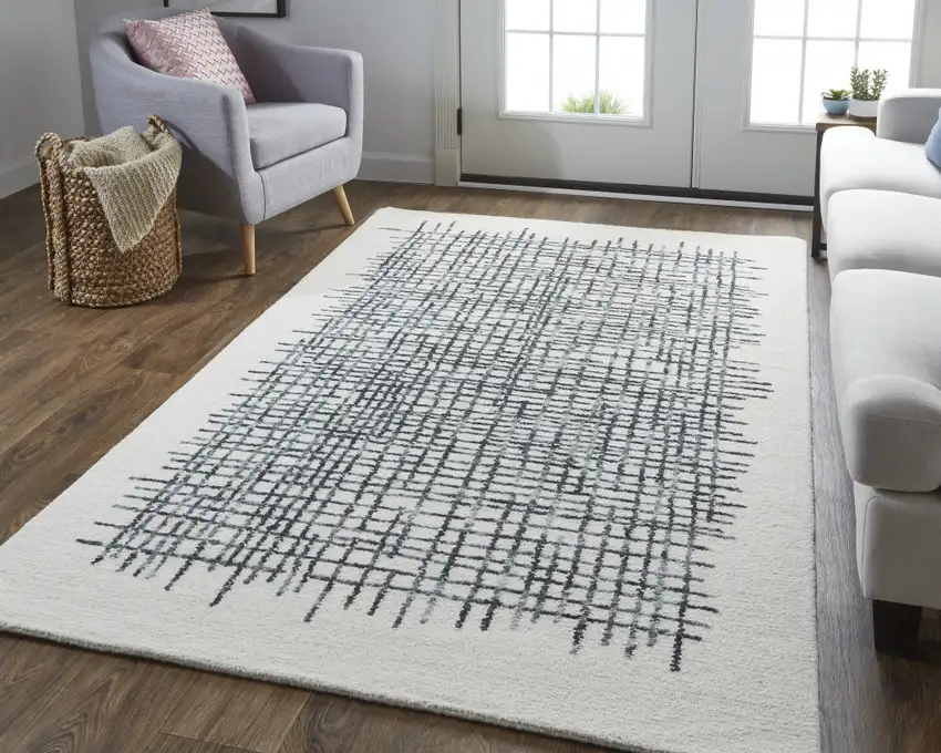 Ivory Gray And Black Wool Plaid Tufted Handmade Stain Resistant Area Rug Photo 6