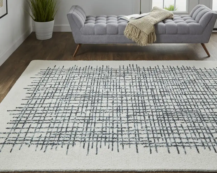 Ivory Gray And Black Wool Plaid Tufted Handmade Stain Resistant Area Rug Photo 8