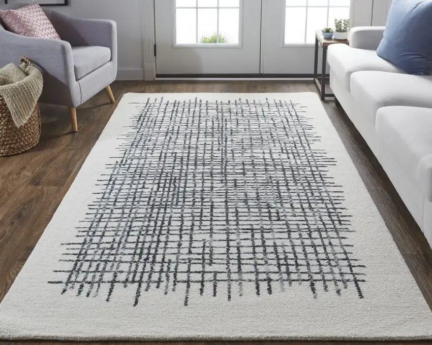 Ivory Gray And Black Wool Plaid Tufted Handmade Stain Resistant Area Rug Photo 7