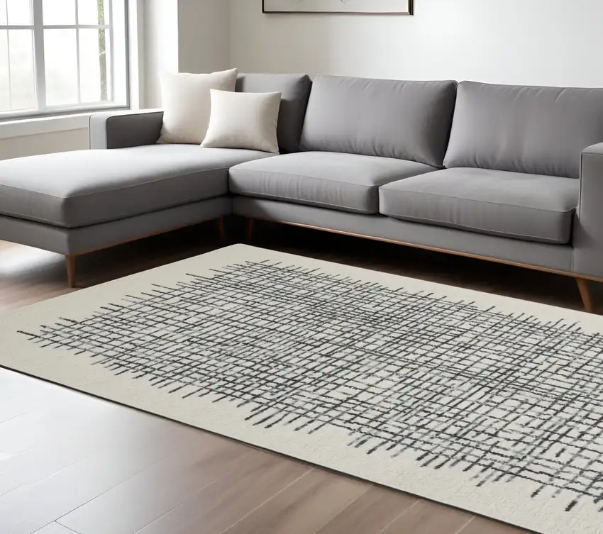 Gray and Ivory Wool Plaid Hand Tufted Area Rug Photo 1