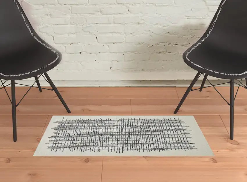Ivory Gray And Black Wool Plaid Tufted Handmade Stain Resistant Area Rug Photo 2