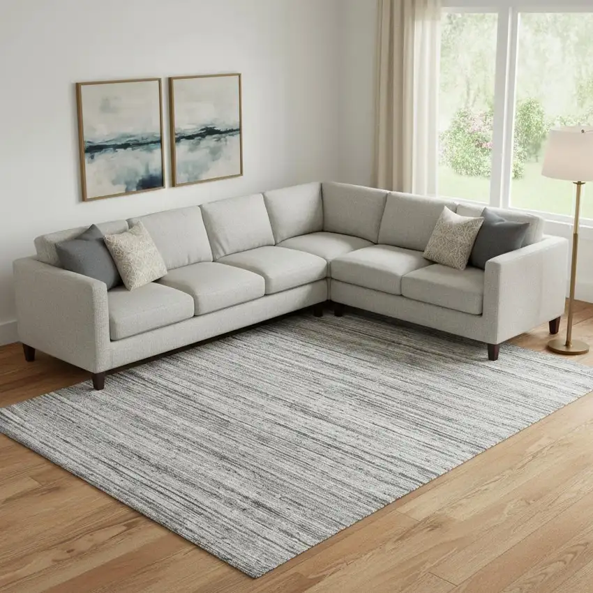 Ivory Gray And Black Wool Striped Hand Woven Area Rug Photo 1