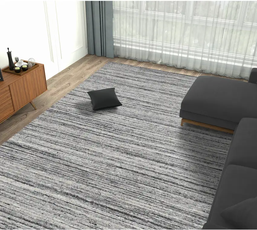 Ivory Gray And Black Wool Striped Hand Woven Area Rug Photo 8