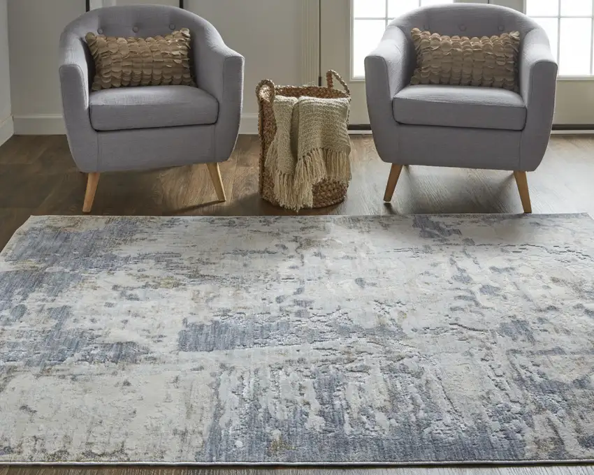 Ivory Gray And Blue Abstract Power Loom Distressed Area Rug Photo 8