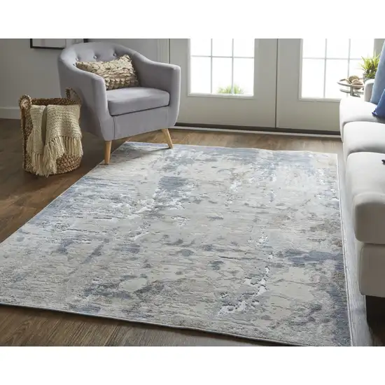 Ivory Gray And Blue Abstract Power Loom Distressed Area Rug Photo 7