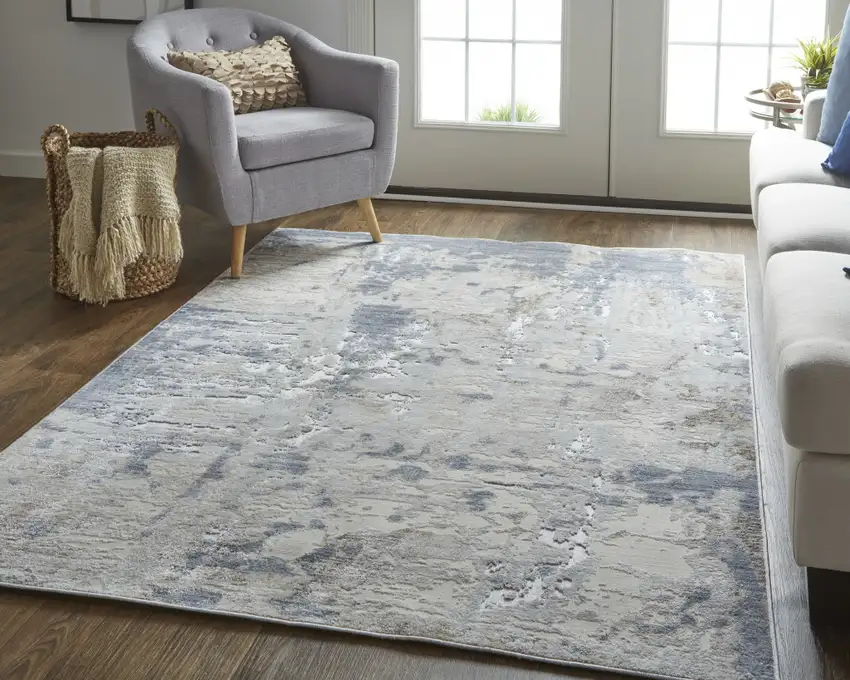 Ivory Gray And Blue Abstract Power Loom Distressed Area Rug Photo 7
